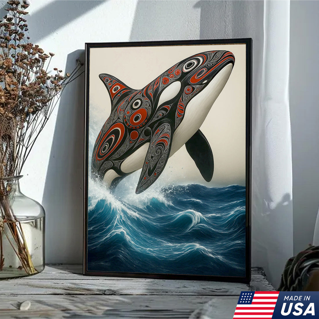 Tribal Orca Canvas Wall Art, Native American Killer Whale Spirit Design, Ocean Power Totem Symbol Coastal Decor