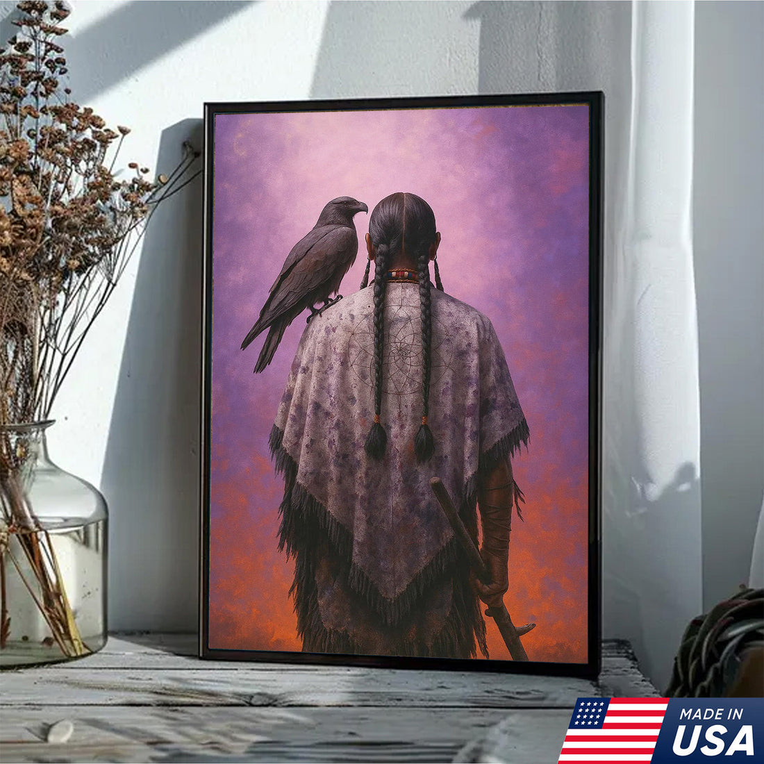 Native Warrior and Raven Canvas Wall Art, Spiritual Connection with Nature, Symbol of Wisdom and Protection Decor