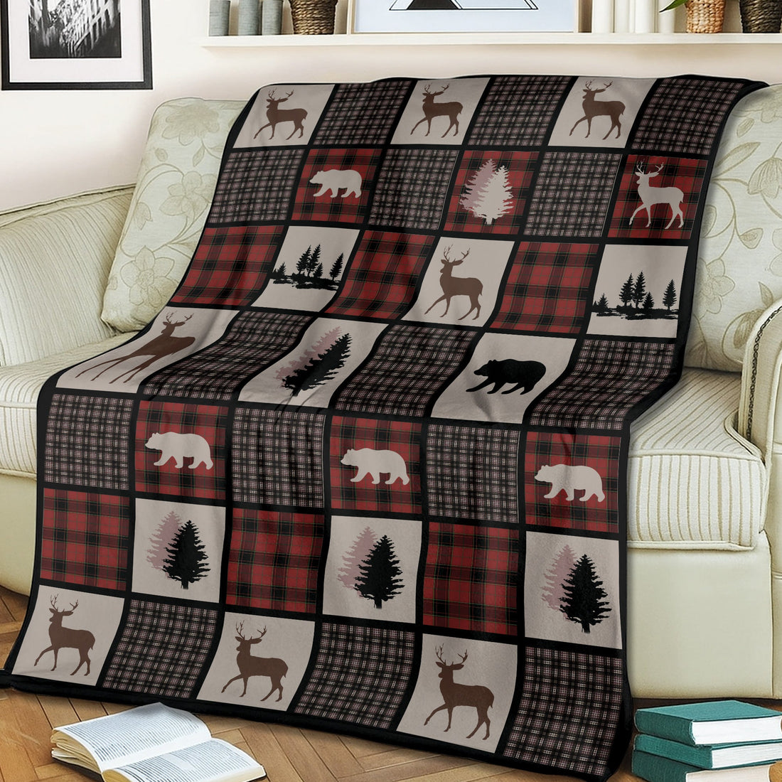 Rustic Hunting Cabin Fleece Blanket – Deer, Bear & Pine Tree - Cozy Gift for Hunters & Nature Lovers