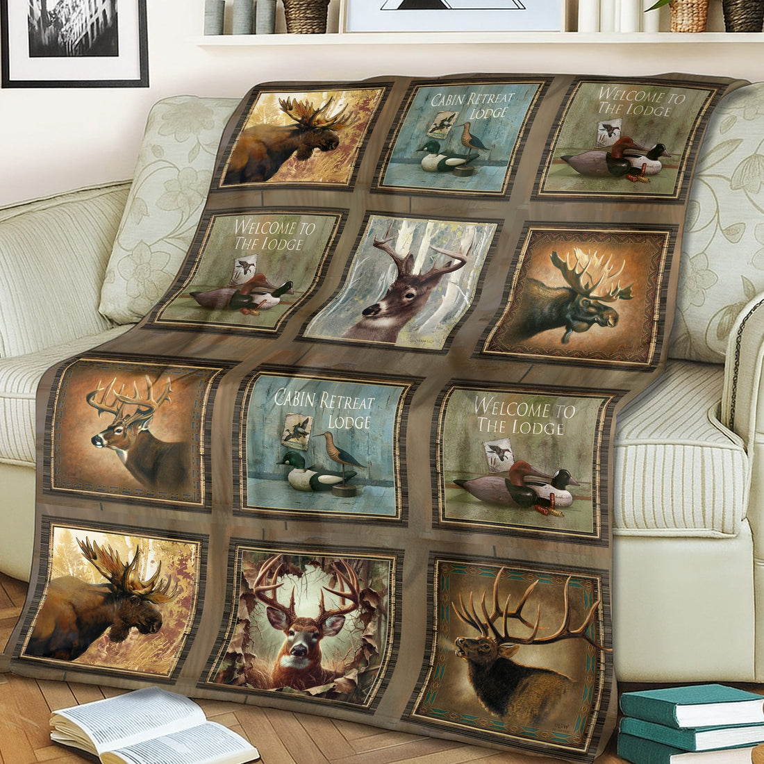 Rustic Wildlife Cabin Lodge Fleece Blanket – Deer, Moose, and Duck Hunting Retreat Fleece Blanket