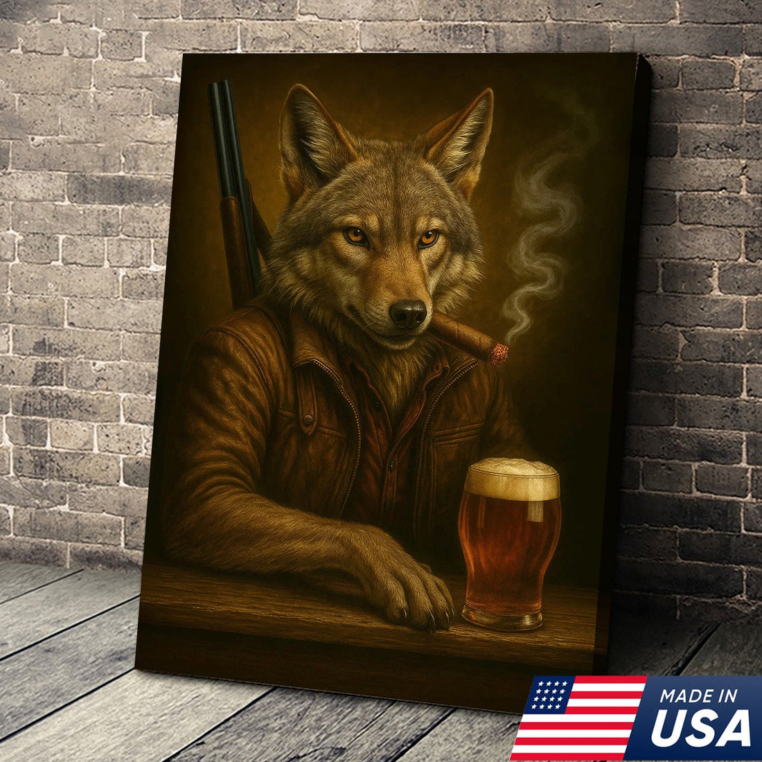 Alpha Wolf Coyote Canvas Wall Art – Fierce Surreal Portrait with Beer Glass, Bold Wilderness Decor