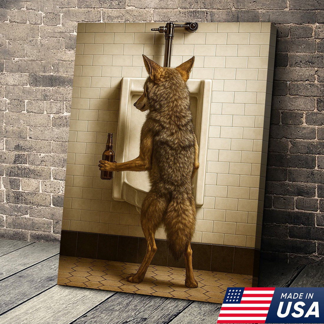 Hilarious Coyote Canvas Wall Art – Funny Bathroom Humor Decor – Rustic Hunting Cabin Gag Gift – Quirky Lodge Animal Artwork