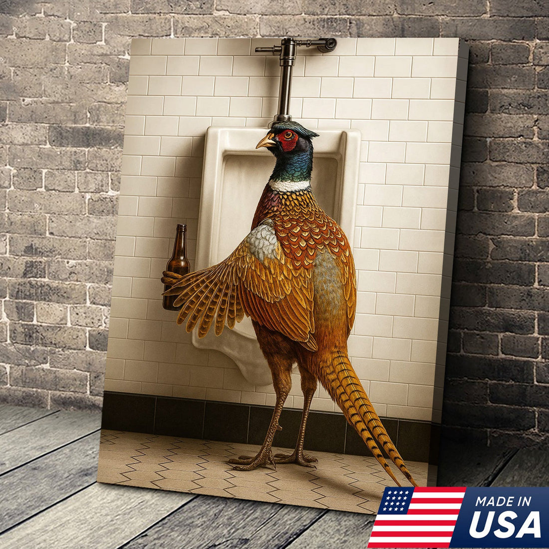 Funny Pheasant Canvas Wall Art – Hilarious Bathroom Humor Decor – Rustic Hunting Cabin Gag Gift – Quirky Lodge Animal Artwork