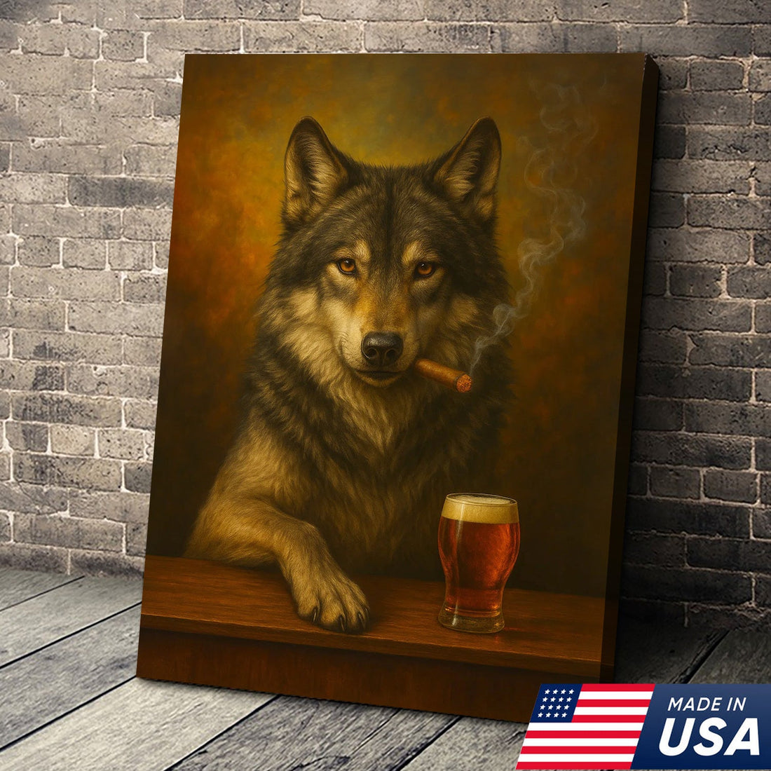 Mexican Wolf Smoking Canvas Wall Art – Rustic Drinking Lover Poster for Lodge, Cabin & Bar Decor