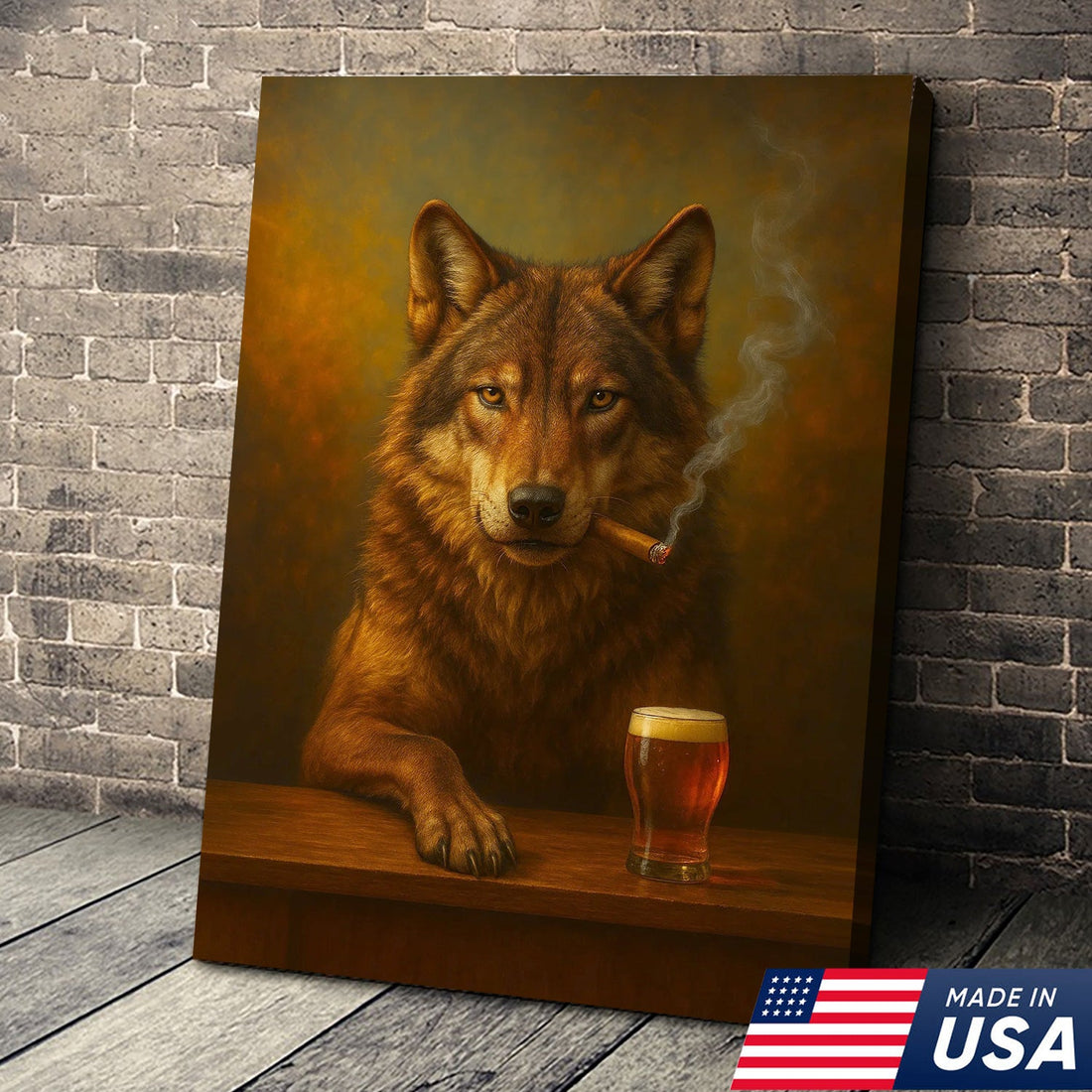 Red Wolf Smoking Canvas Wall Art – Rustic Drinking Lover Poster for Lodge, Cabin & Bar Decor