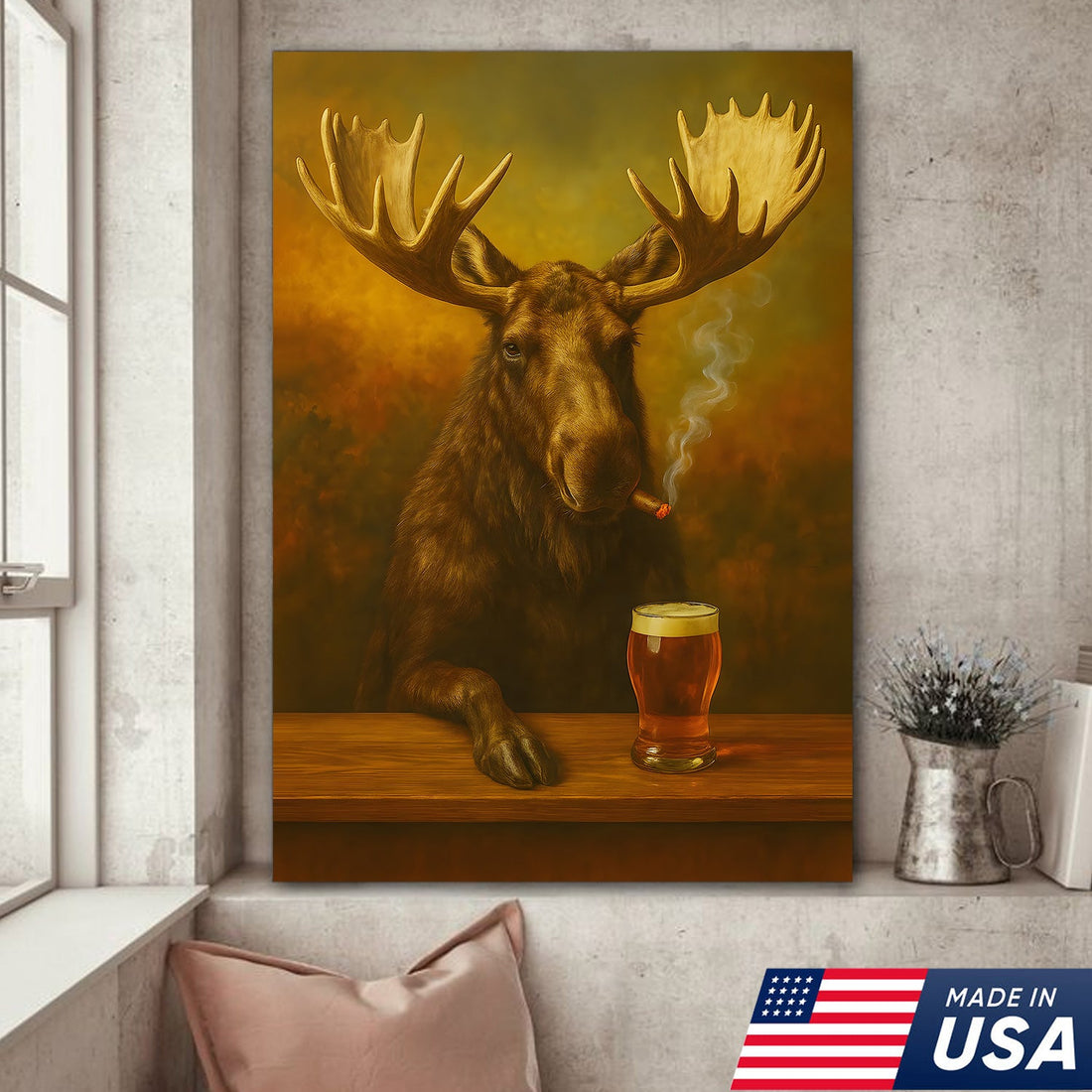 Moose Smoking & Drinking Canvas - Rustic Bar Wall Art Hunting Lodge & Man Cave Decor