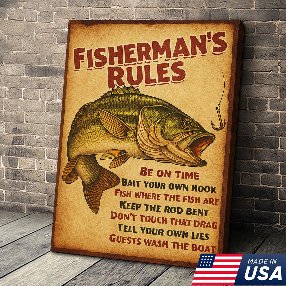 Fisherman’s Rules Canvas Wall Art – Funny Retro Fishing Wall Art Rustic Cabin Lodge Decor