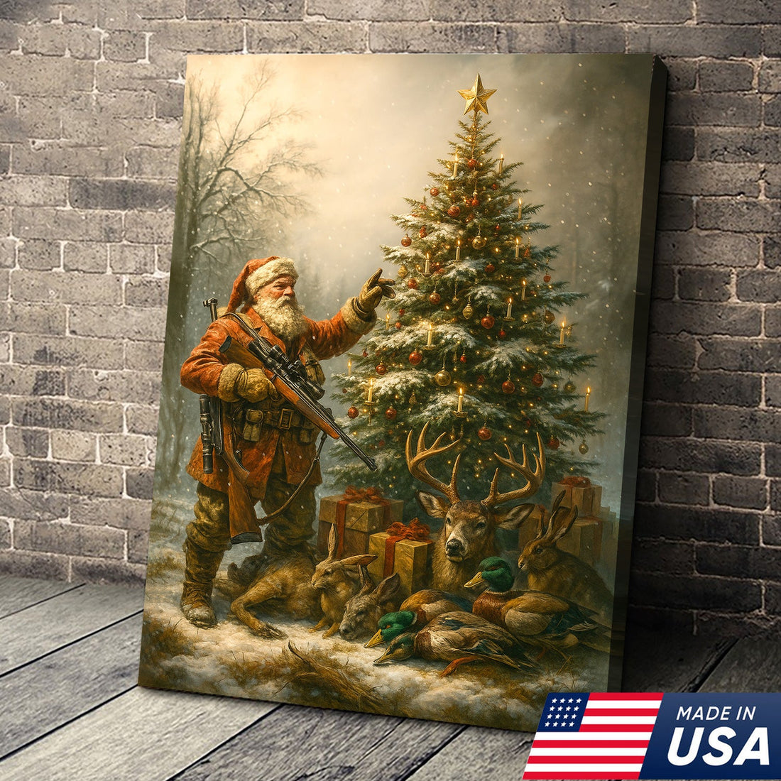 Santa Hunter Christmas Wall Art – Rustic Holiday Canvas for Cabin, Farmhouse & Hunter Decor