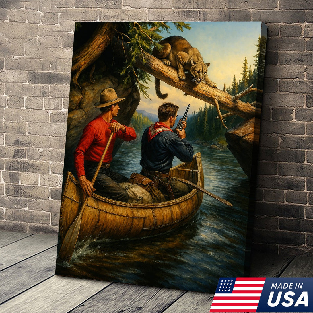 Vintage Wilderness Canoe Adventure Wall Art – Hunters Confront Mountain Lion Rustic Cabin Decor