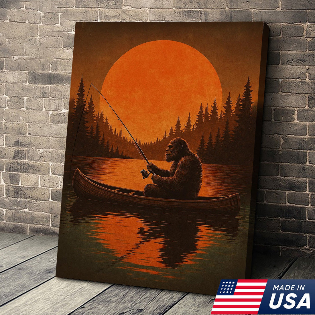 Funny Bigfoot Fishing Wall Art – Sasquatch Canoe Sunset Canvas for Anglers, Hunters & Cabin Lovers