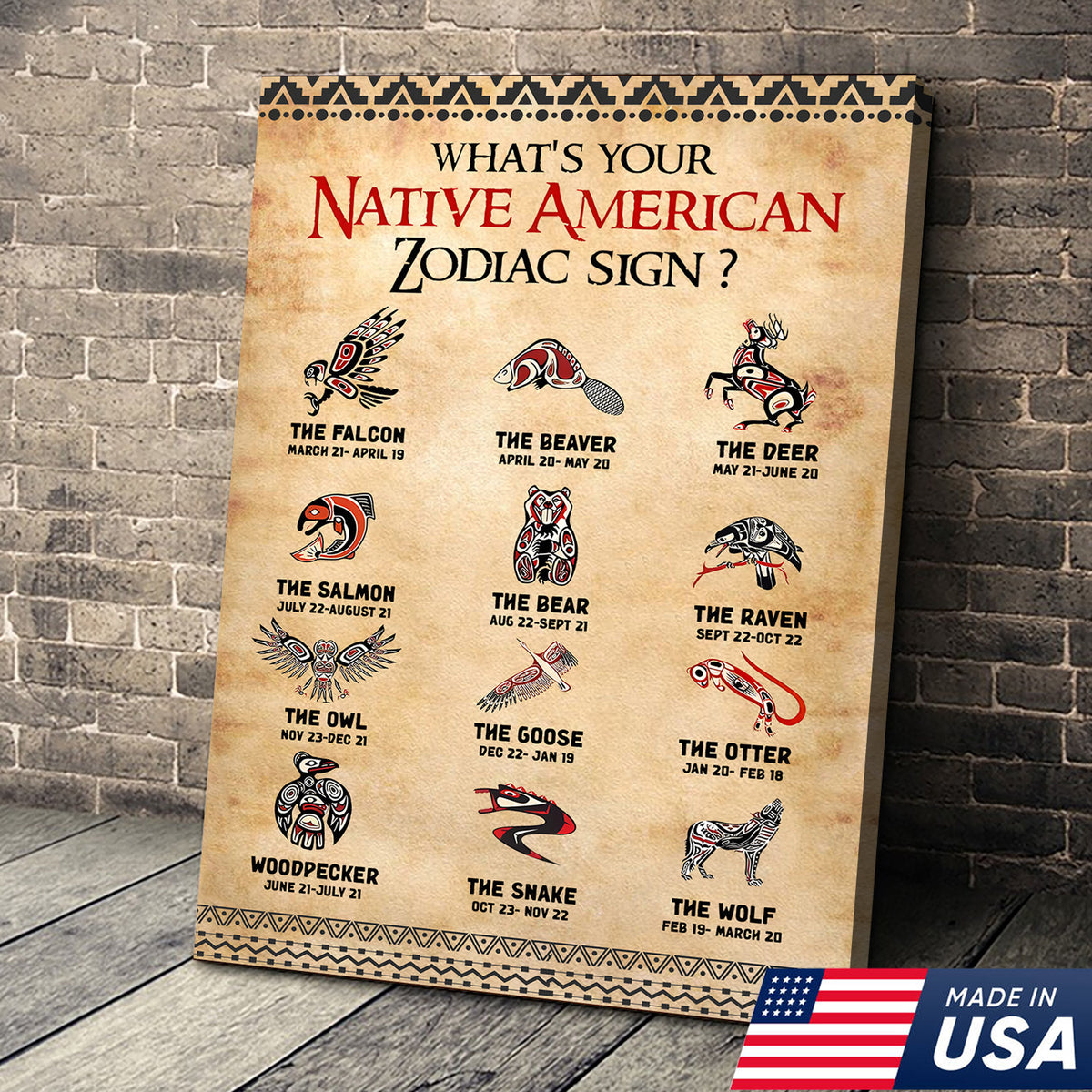 Native American Zodiac Canvas Wall Art, Tribal Animal Astrology Chart ...