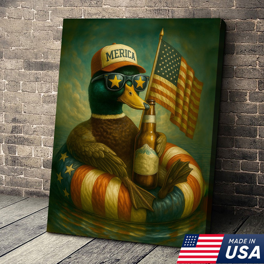 Funny Patriotic Duck Canvas Wall Art – Rustic American Flag Decor Gift for Hunters & Beer Lovers