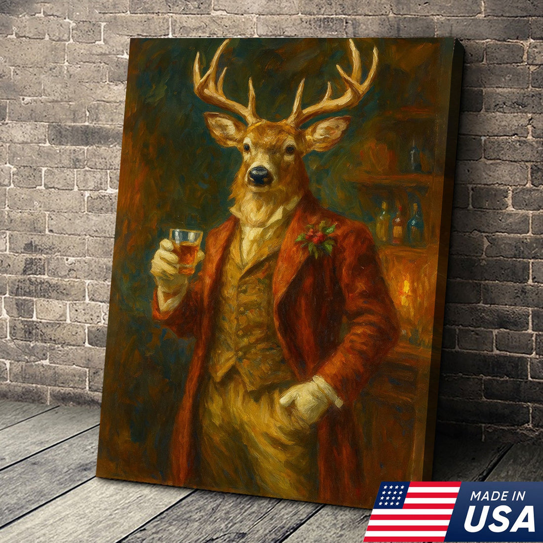 Deer Gentleman Wall Art Canvas – Whiskey Hunter Canvas Decor for Rustic Cabin, Lodge & Man Cave Gift