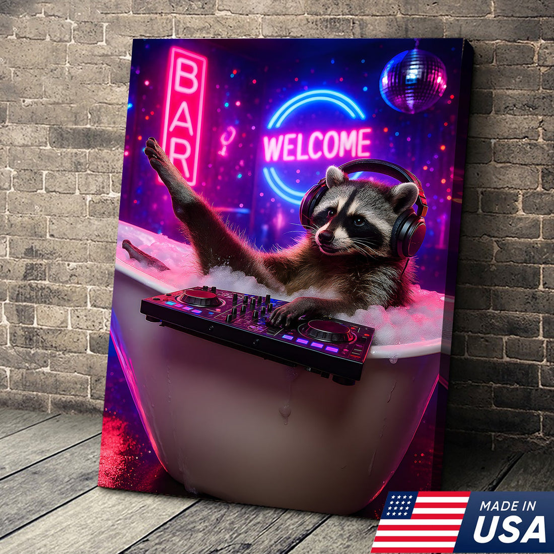 Funny DJ Raccoon Wall Art – Unique Gift for Hunters, Wildlife Lovers & Cabin Bar Decor
