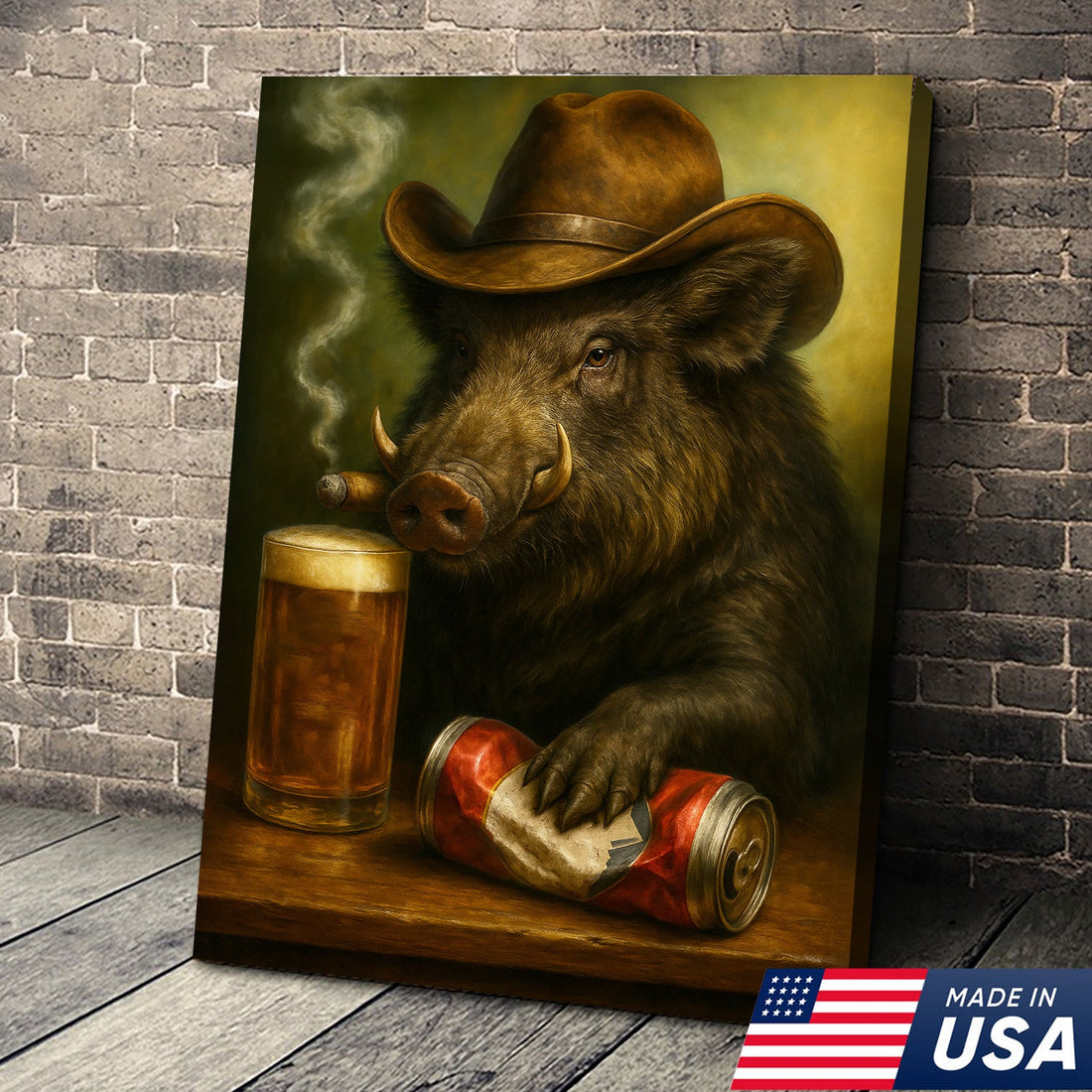 Funny Wild Boar Cowboy Canvas – Beer, Smoking & Rustic Cabin Wall Art Gift for Hunters & Outdoorsmen