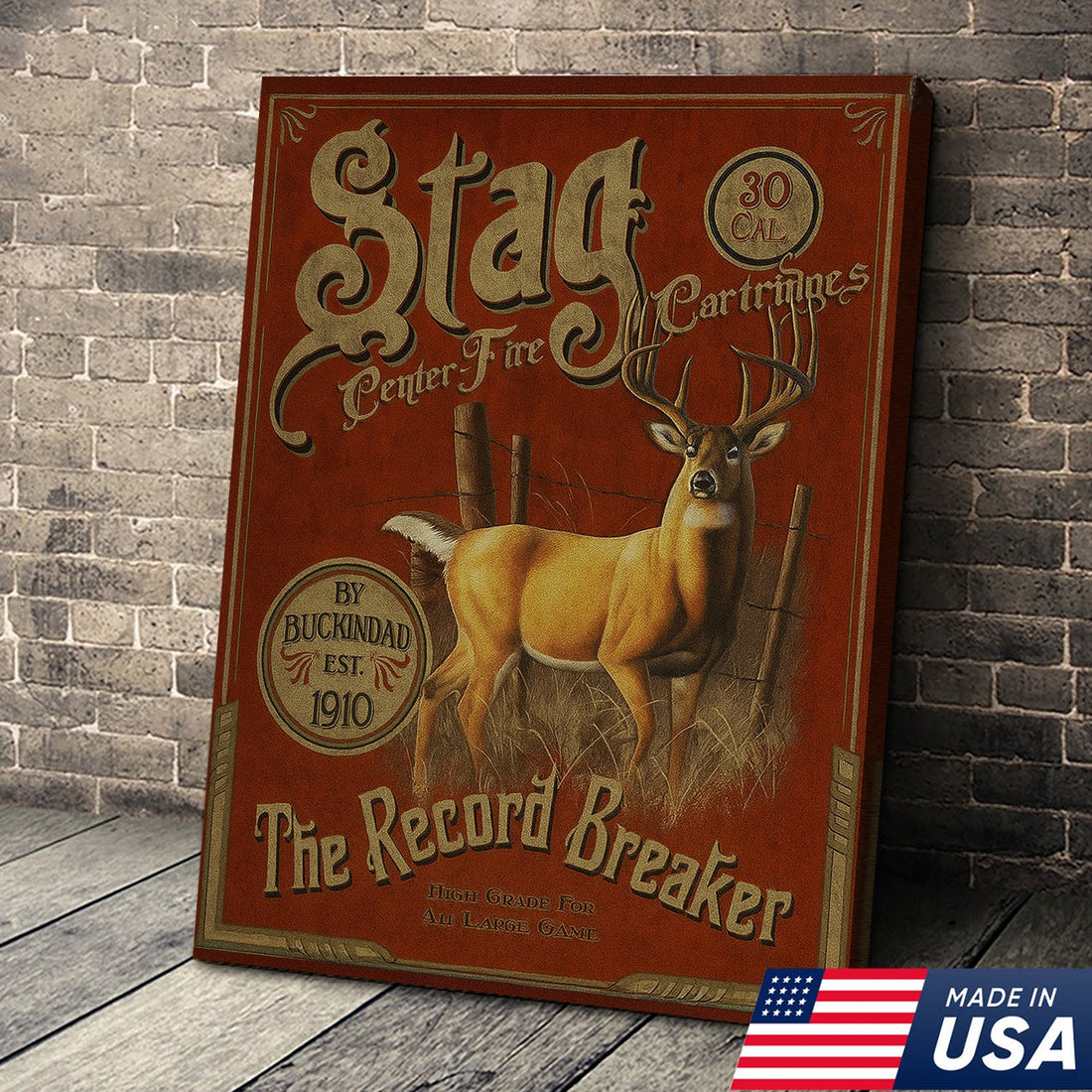 Vintage Stag Hunting Sign Canvas – “The Record Breaker” Deer Canvas Wall Art, Rustic Lodge Cabin Decor