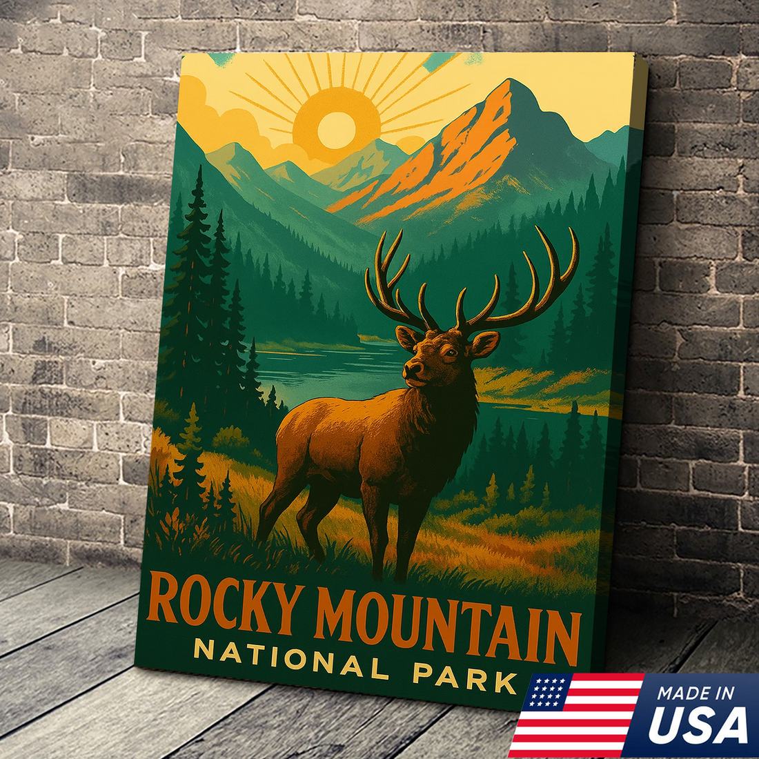 Rocky Mountain Elk Canvas Wall Art – Vintage National Park Poster, Rustic Wildlife Decor, Mountain Lodge Artwork