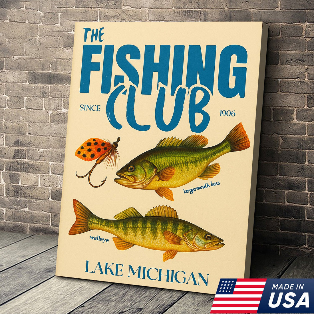 The Fishing Club Retro Wall Art – Vintage Lake Michigan Sign for Fishermen & Cabin Decor