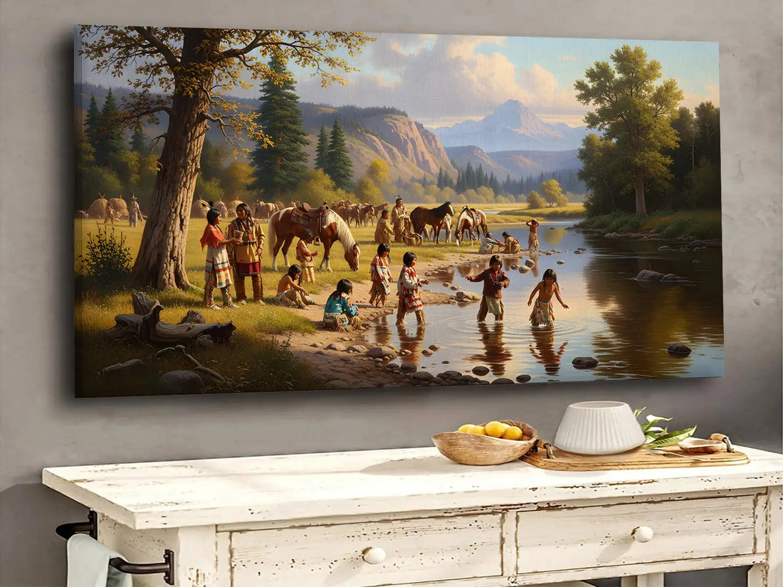 Native American Wall Art, Tribal Family by River with Horses, Cultural Canvas Decor