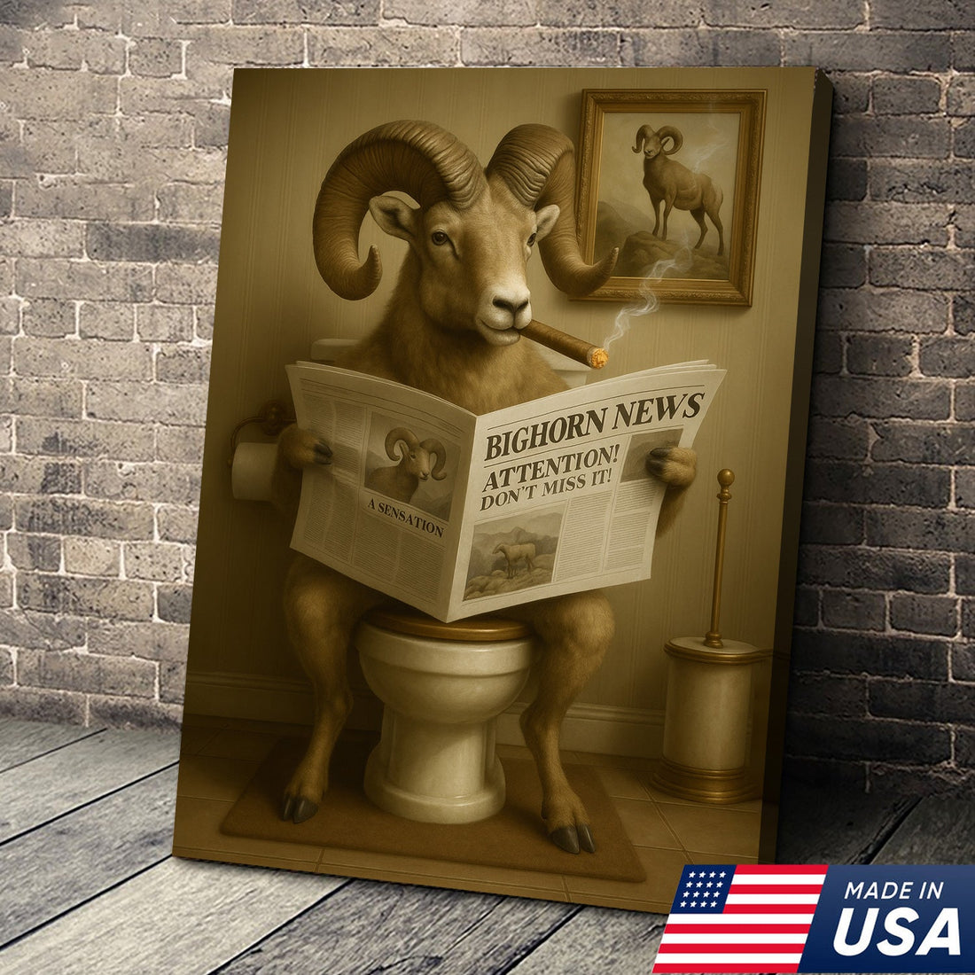 Bighorn Sheep Reading Newspaper Canvas – Funny Bathroom Wall Art for Rustic Cabin, Lodge & Man Cave Gift