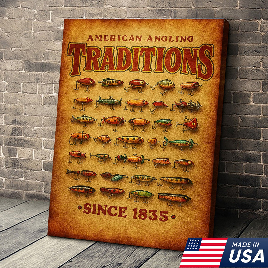 Vintage Fishing Lures Canvas Wall Art – Rustic Angling Lodge Decor Gift for Fishermen & Collectors