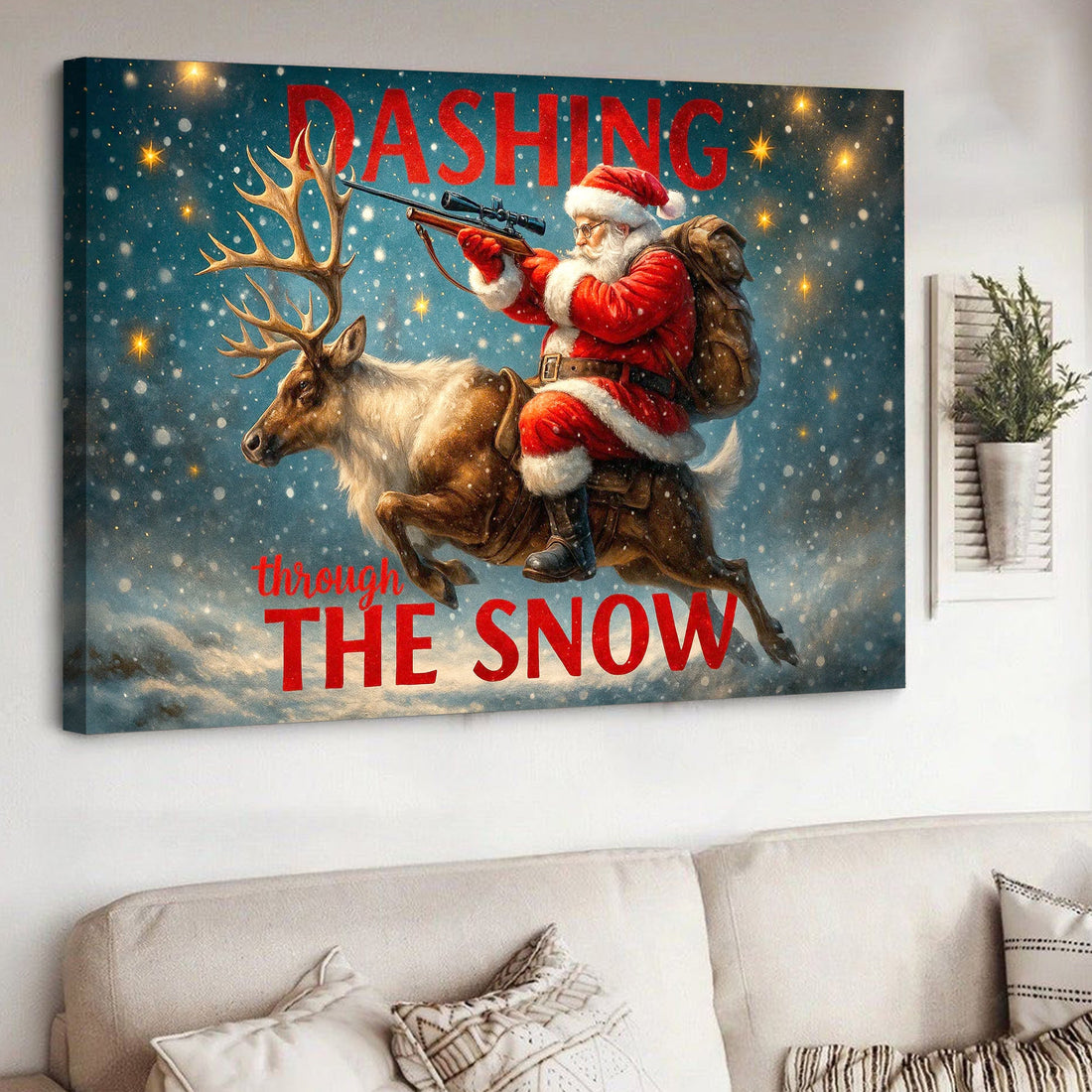 Santa Riding Reindeer Canvas Wall Art, Funny Christmas Decor, Rustic Winter Cabin Decoration for Holiday Lovers