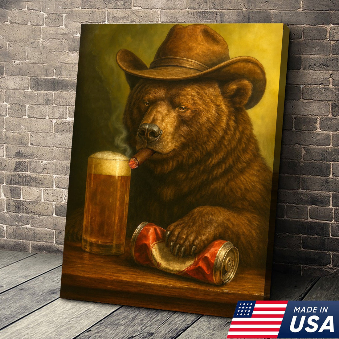 Funny Cowboy Bear Wall Art Canvas – Funny Beer & Smoking Canvas for Hunters, Cabin, Bar & Man Cave Decor