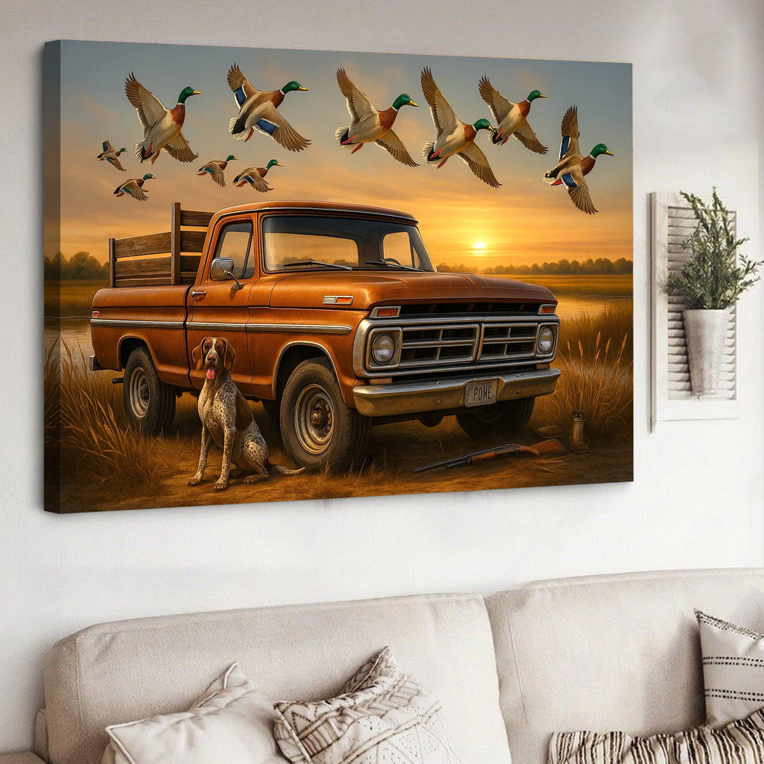 Rustic Hunting Canvas Wall Art – Vintage Pickup Truck with Hunting Dog & Flying Mallard Ducks at Sunset – Lodge Cabin Decor