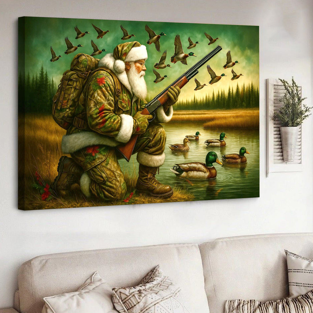 Santa Duck Hunting Canvas Wall Art, Rustic Christmas Cabin Decor, Outdoor Waterfowl Hunter Gift for Holiday Season
