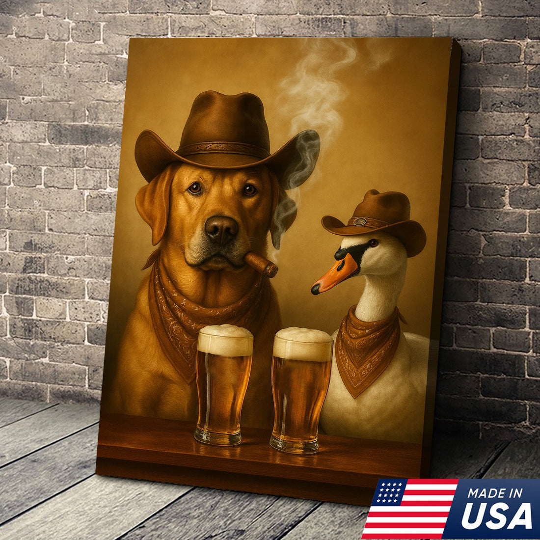 Funny Cowboy Dog & Geese Wall Art Canvas – Funny Beer & Smoking Canvas for Hunters, Cabin, Bar & Man Cave Decor