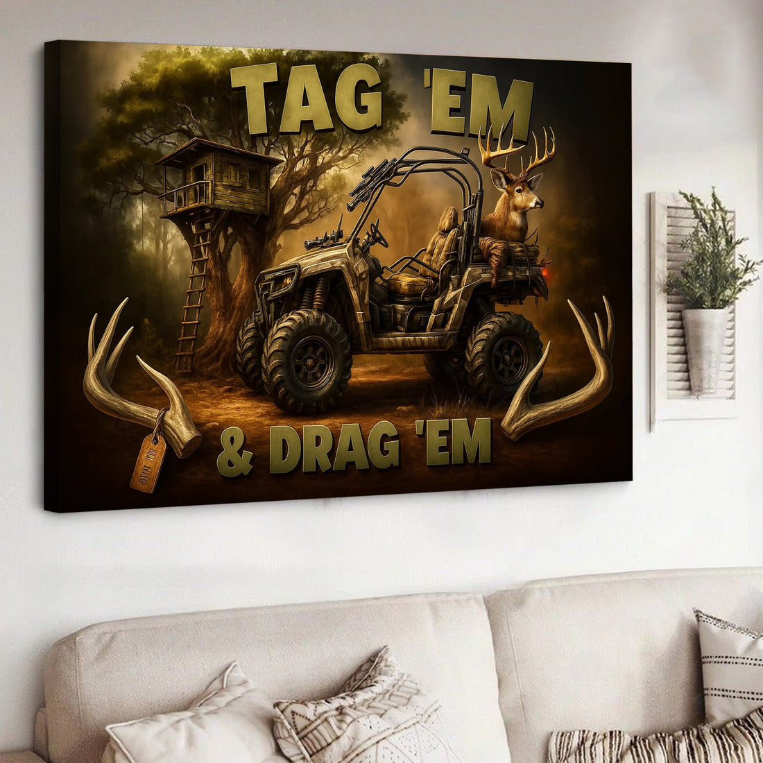 Tag ’Em & Drag ’Em Hunting Wall Art – Deer Hunter ATV Canvas Print for Cabin, Lodge & Man Cave Decor
