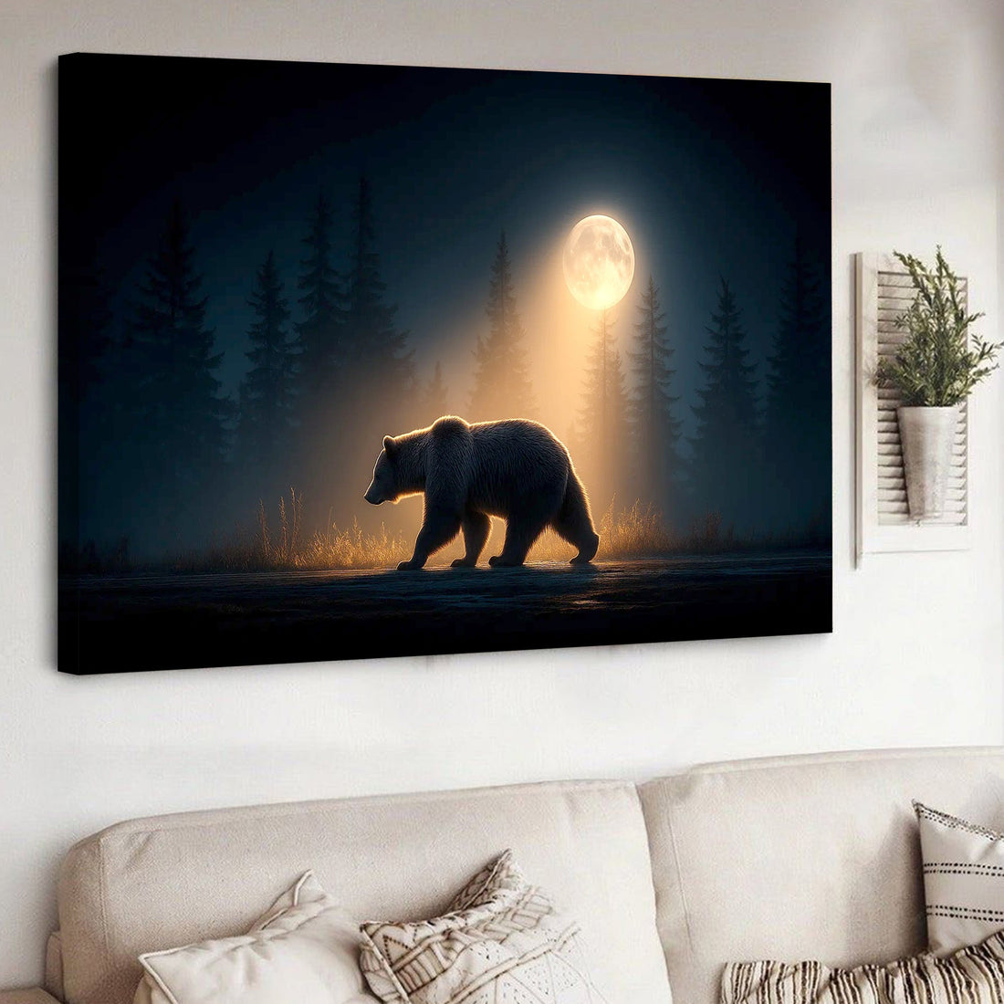 Bear Canvas Wall Art – Majestic Grizzly Walking Under Full Moon in Forest – Rustic Wildlife Lodge & Cabin Decor
