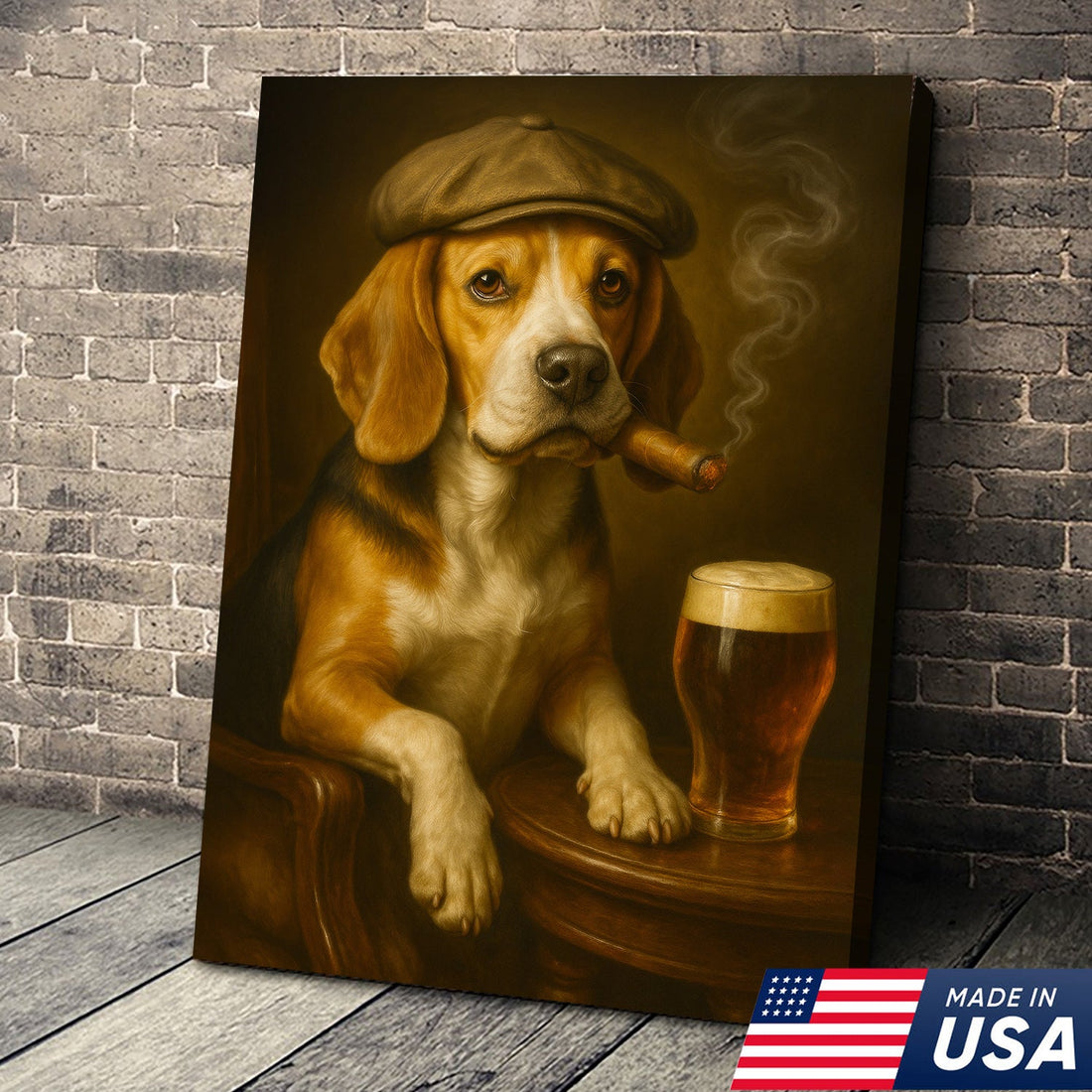 Beagle Dog Cigar Wall Art Canvas – Funny Beer Lover Wall Art for Rustic Bar & Man Cave