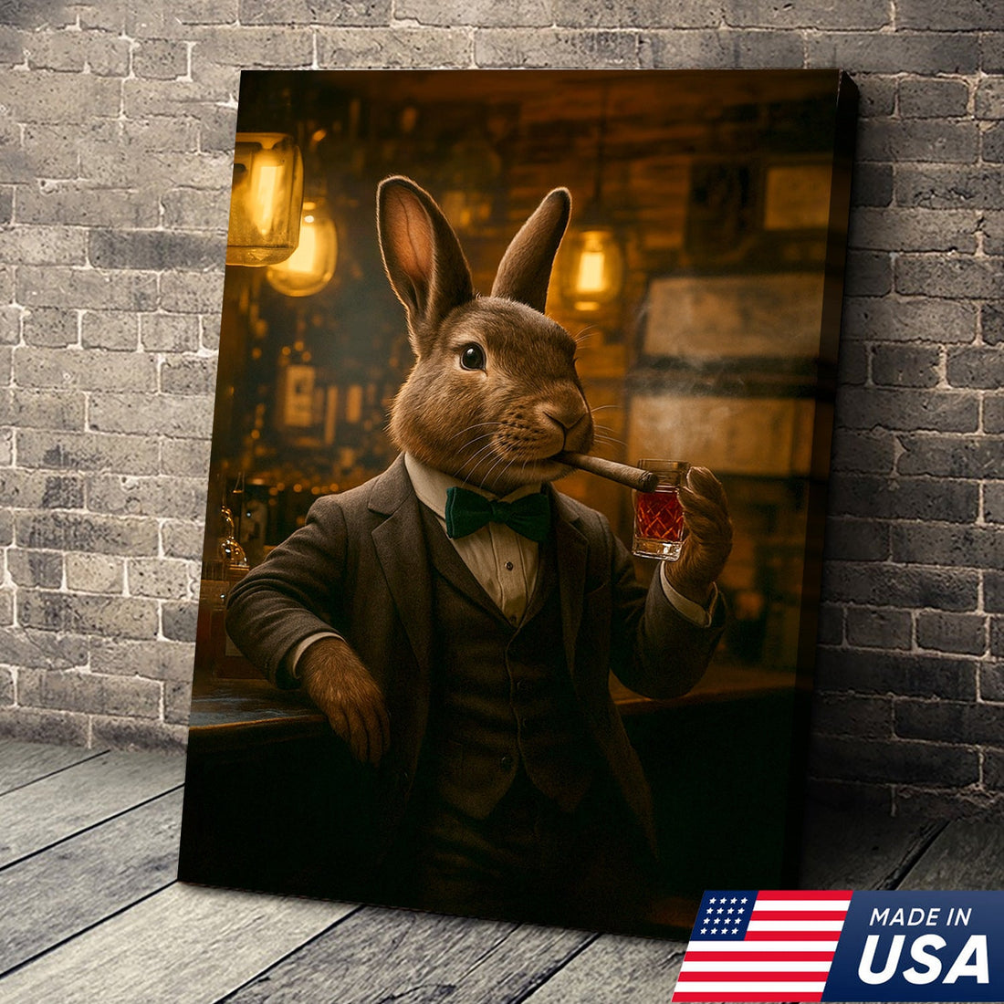 Rabbit Gentleman Wall Art – Classy Drinking & Smoking Canvas for Bar, Lodge & Man Cave Decor