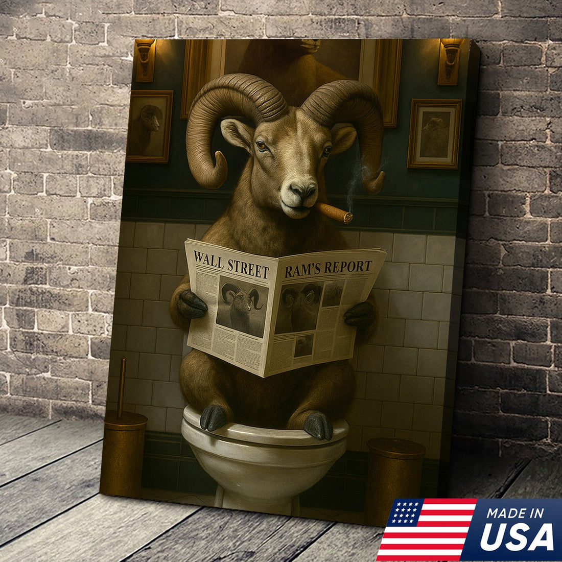 Funny Bighorn Sheep Bathroom Wall Art – Rustic Hunting Cabin & Man Cave Decor, Toilet Humor Canvas