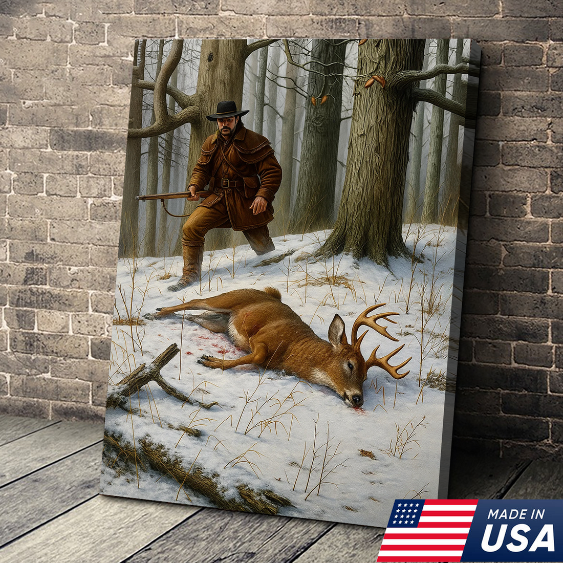 Deer Hunting Canvas Wall Art – Rustic Winter Forest Scene, Hunter with Rifle and Buck, Wildlife Lodge Decor