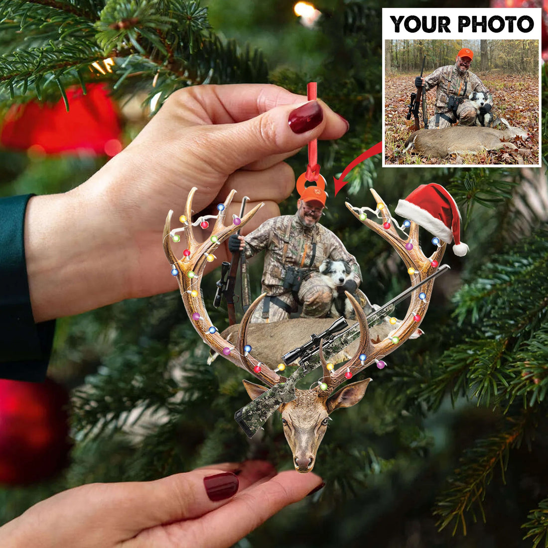 Personalized Hunting Aclyric Christmas Ornament – Custom Photo Deer Antler Gift for Hunters