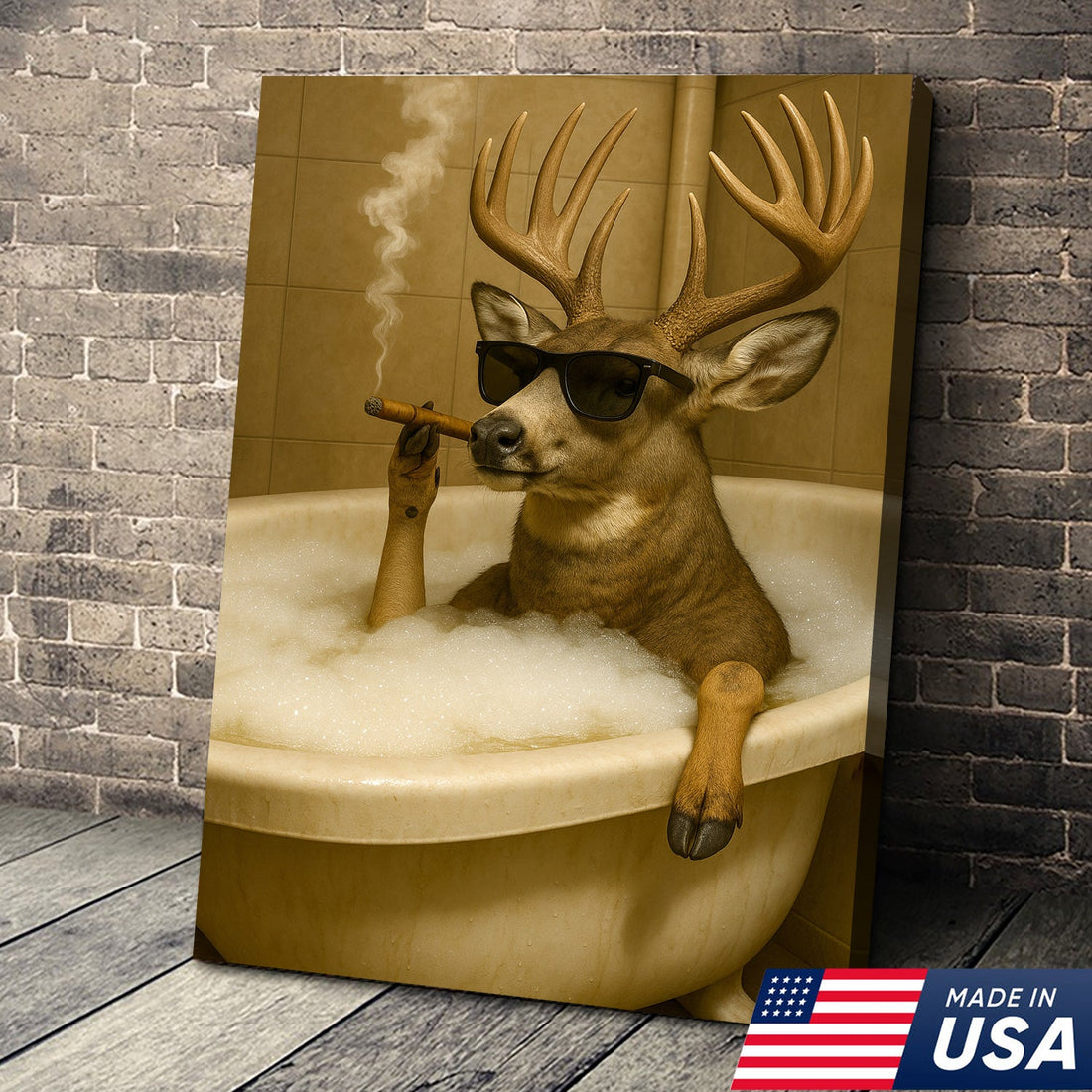Funny Mule Smoking Canvas Wall Art – Cool Bathtub Scene Gift for Hunters & Outdoorsmen Decor