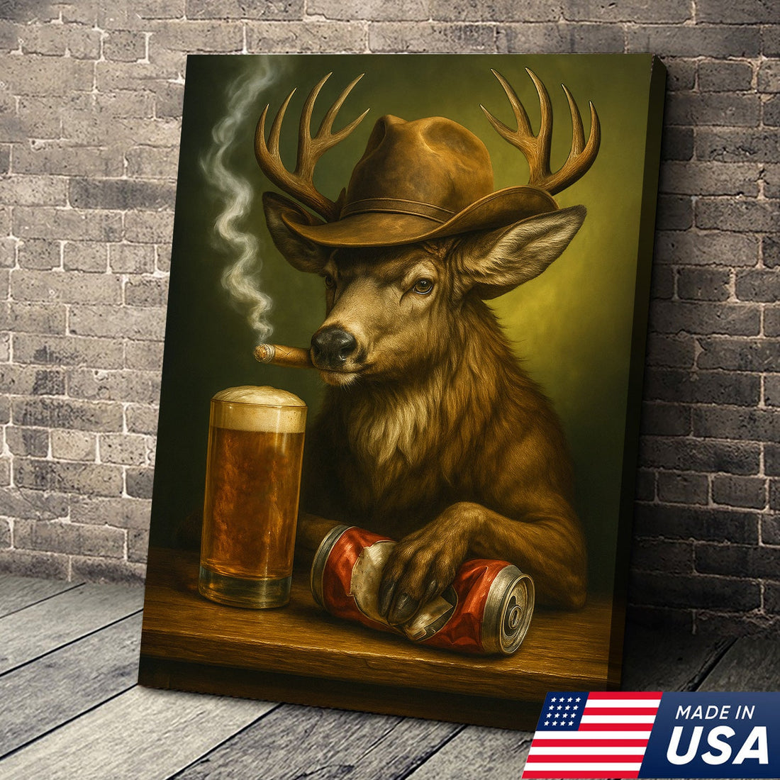 Funny Cowboy Buck Beer Canvas – Rustic Funny Wall Art Gift for Hunters, Bar Cabin & Man Cave Decor