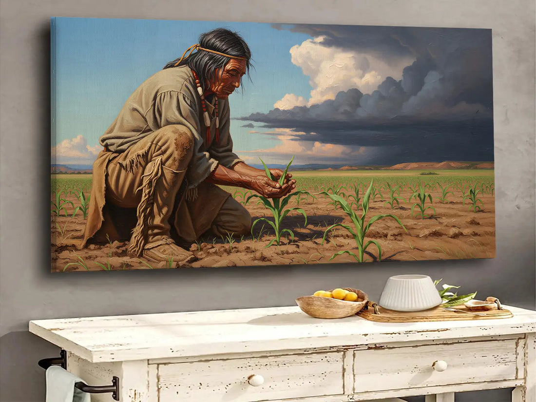 Native American Farmer Planting Corn Field Canvas Wall Art