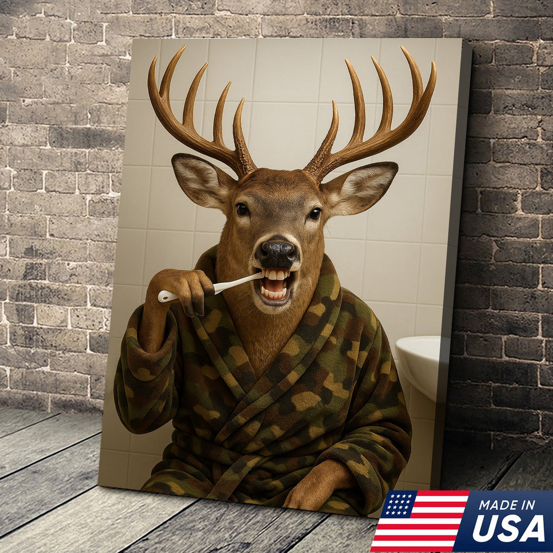 Funny Deer Brushing Teeth Wall Art – Rustic Bathroom Canvas for Cabin, Lodge & Man Cave Decor