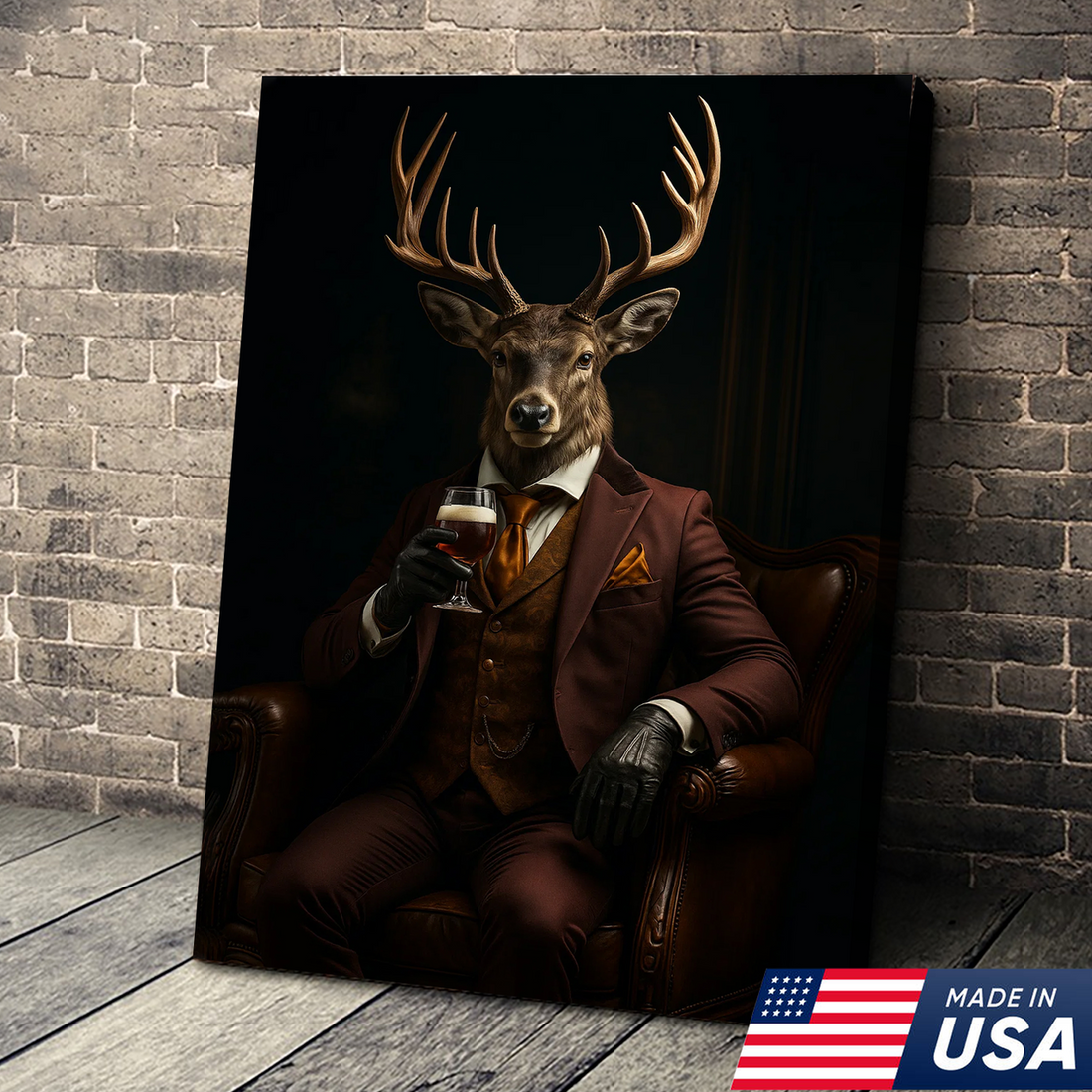 Deer Gentleman Canvas Wall Art – Rustic Lodge Decor, Anthropomorphic Buck in Suit, Whiskey & Cigar Lounge Artwork