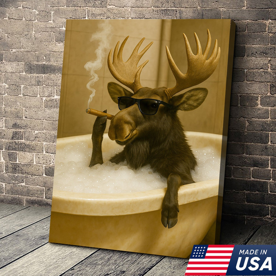 Rustic Bathroom Humor Moose Canvas – Smoking Bubble Bath Wall Art for Hunting Cabin, Lodge & Man Cave