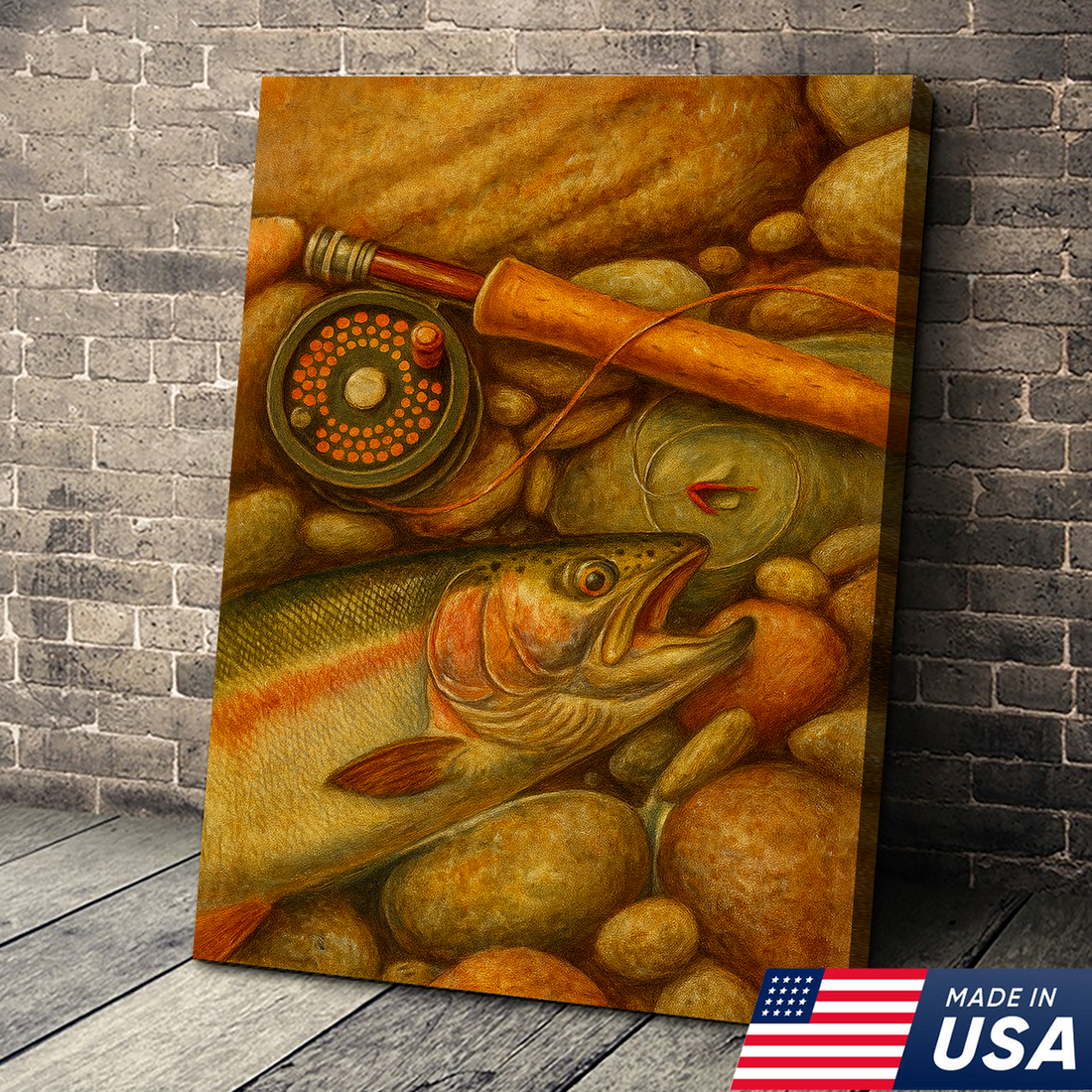 ly Fishing Canvas Wall Art – Retro Trout Painting with Rod & Reel Rustic Cabin Lodge Decor