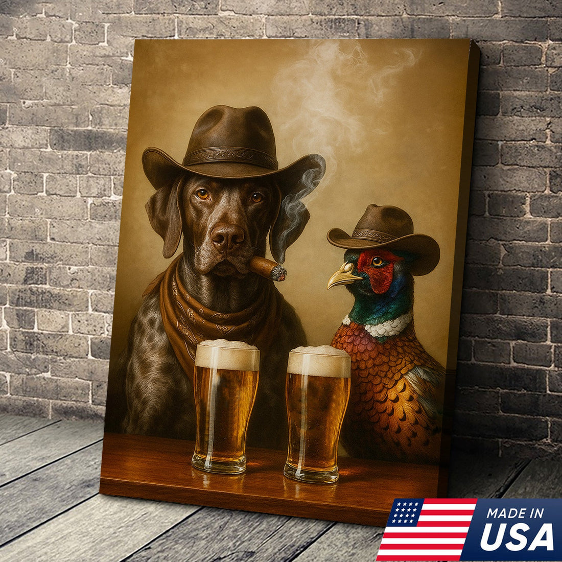 Funny Dog & Pheasant Beer Canvas Wall Art – Cowboy Hunting Bar Decor Gift for Hunters & Outdoorsmen