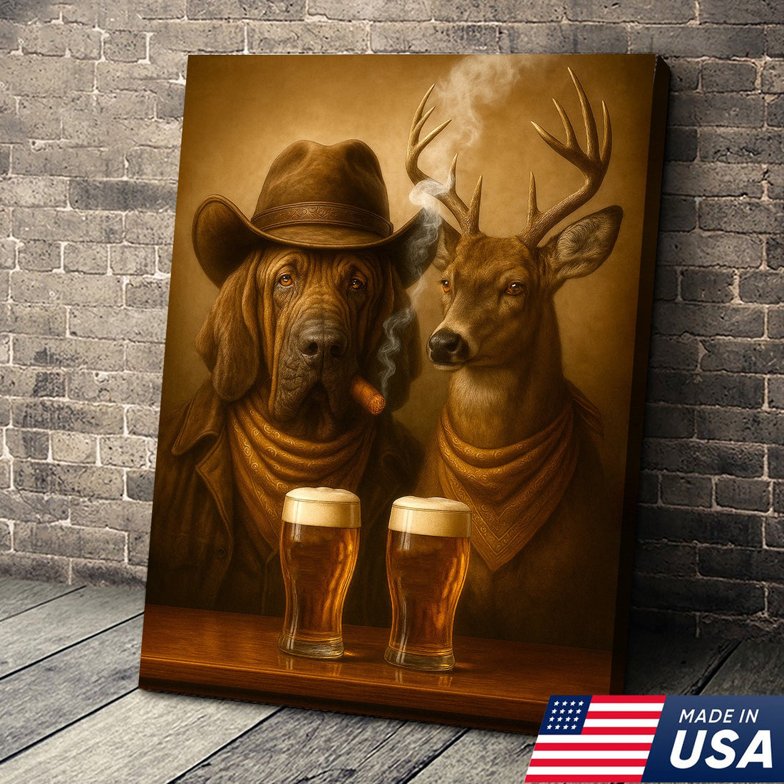 Funny Dog & Deer Cowboy Canvas Wall Art – Funny Rustic Beer Decor for Hunters, Cabins & Man Caves