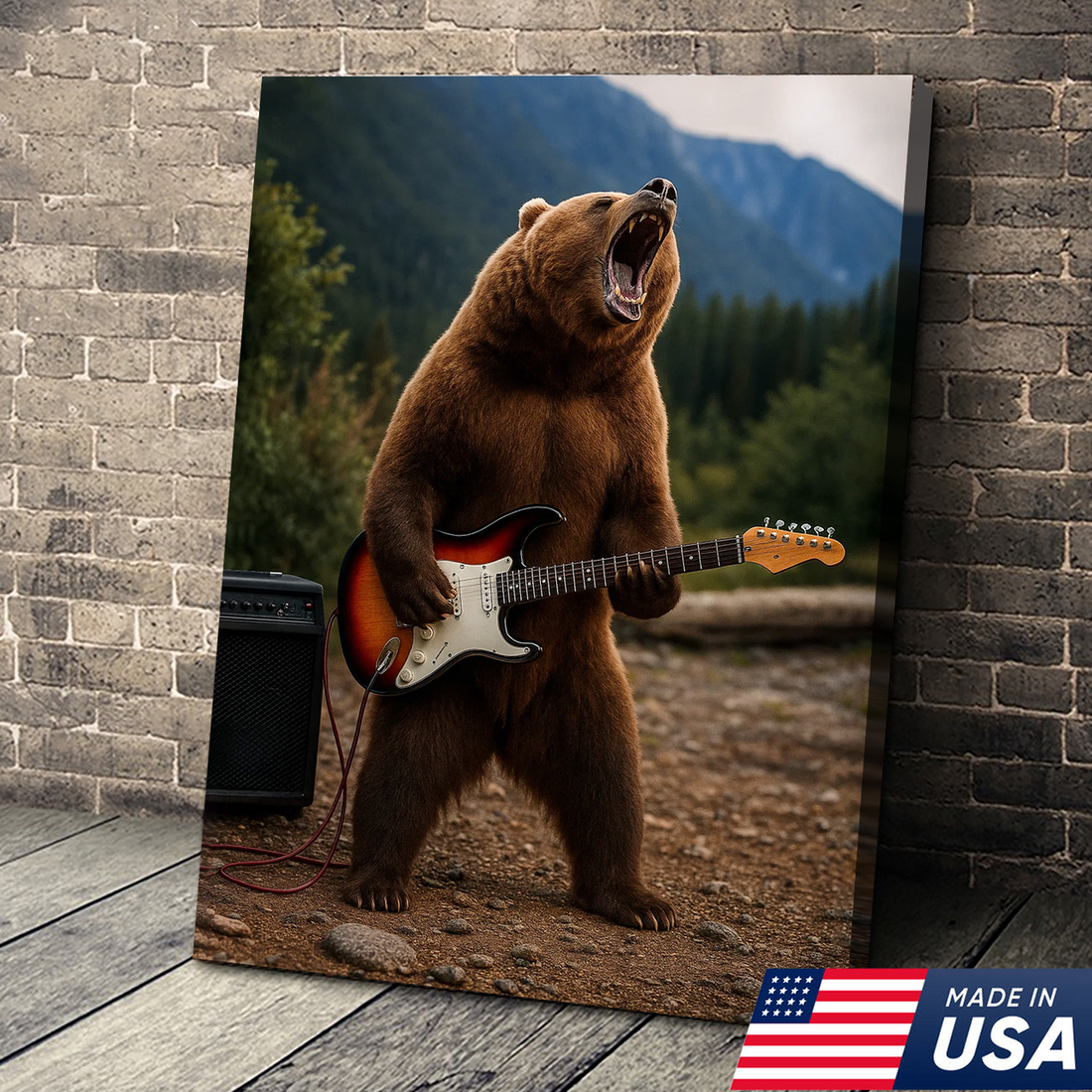 Funny Bear Canvas Wall Art – Rock and Roll Wildlife Decor, Guitar Playing Grizzly, Rustic Lodge Artwork