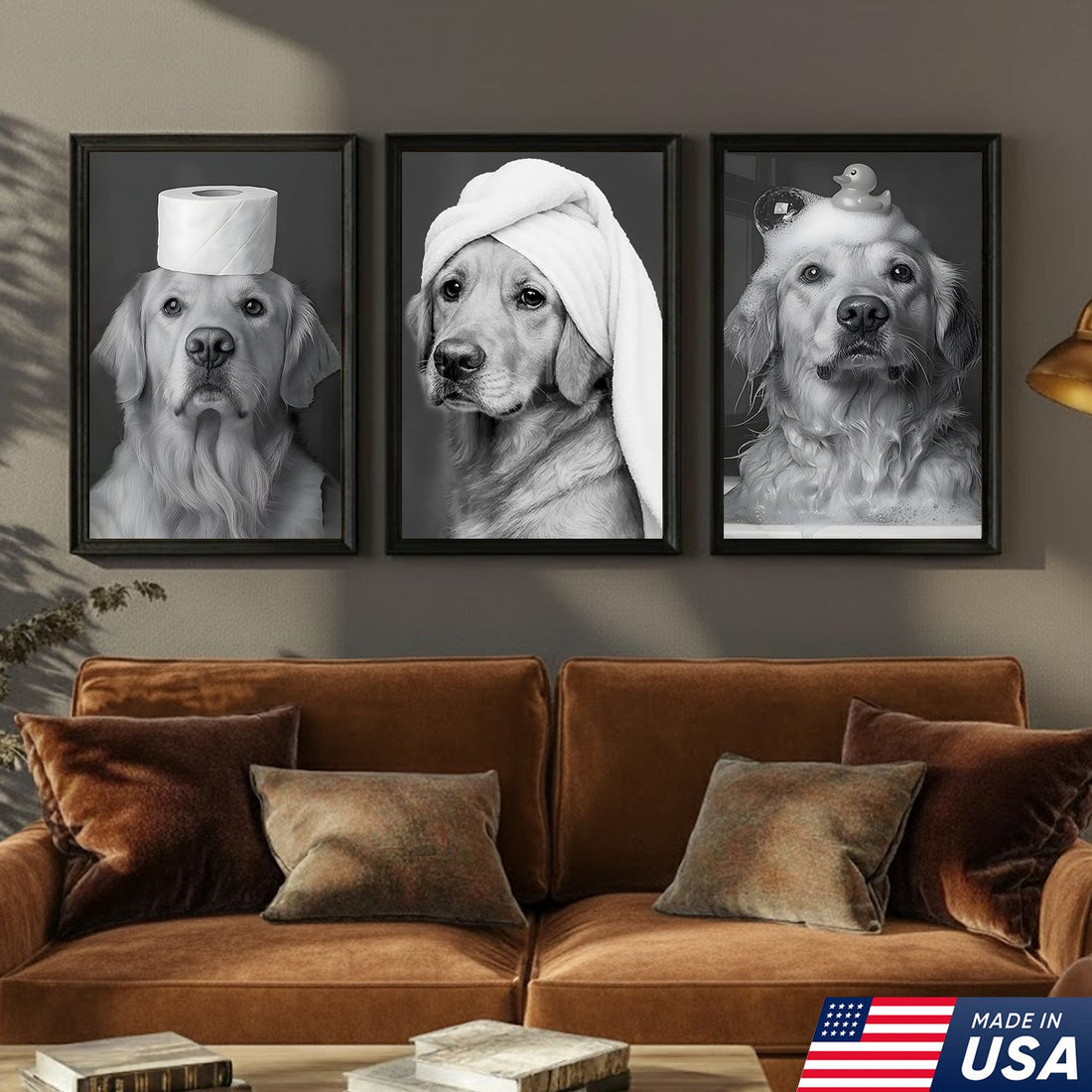 Funny Dog Bathroom Triptych Canvas Wall Art Set, Black and White Golden Retriever Bath Humor Prints, Playful Restroom Home Decor Collection
