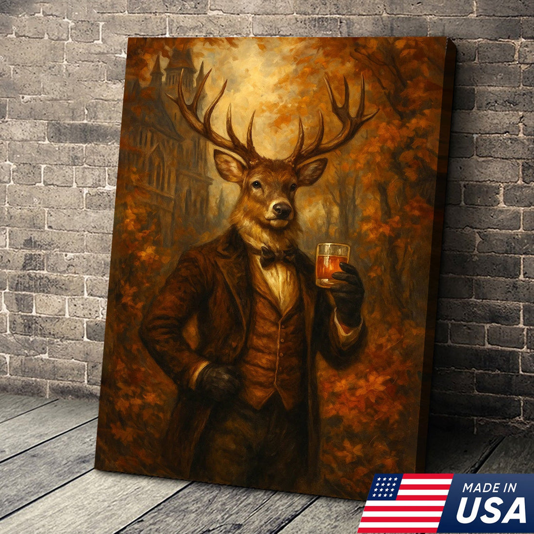 Deer Gentleman Whiskey Canvas Wall Art – Rustic Fall Hunting Lodge & Man Cave Decor