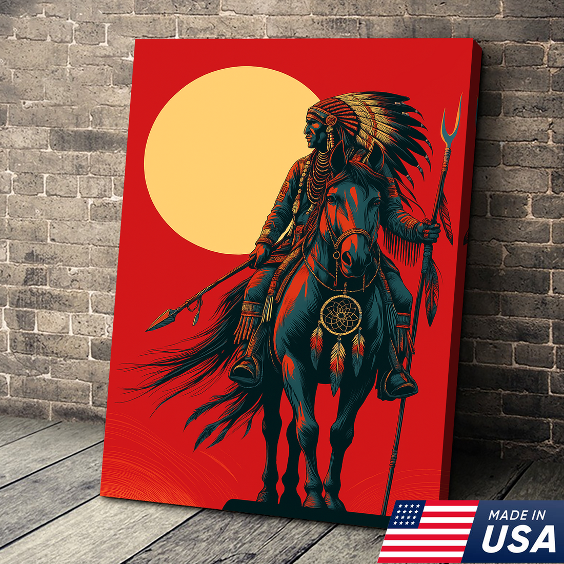 Native American Warrior Canvas Art – Western Rustic Wall Décor Gift for Native American & Cowboys